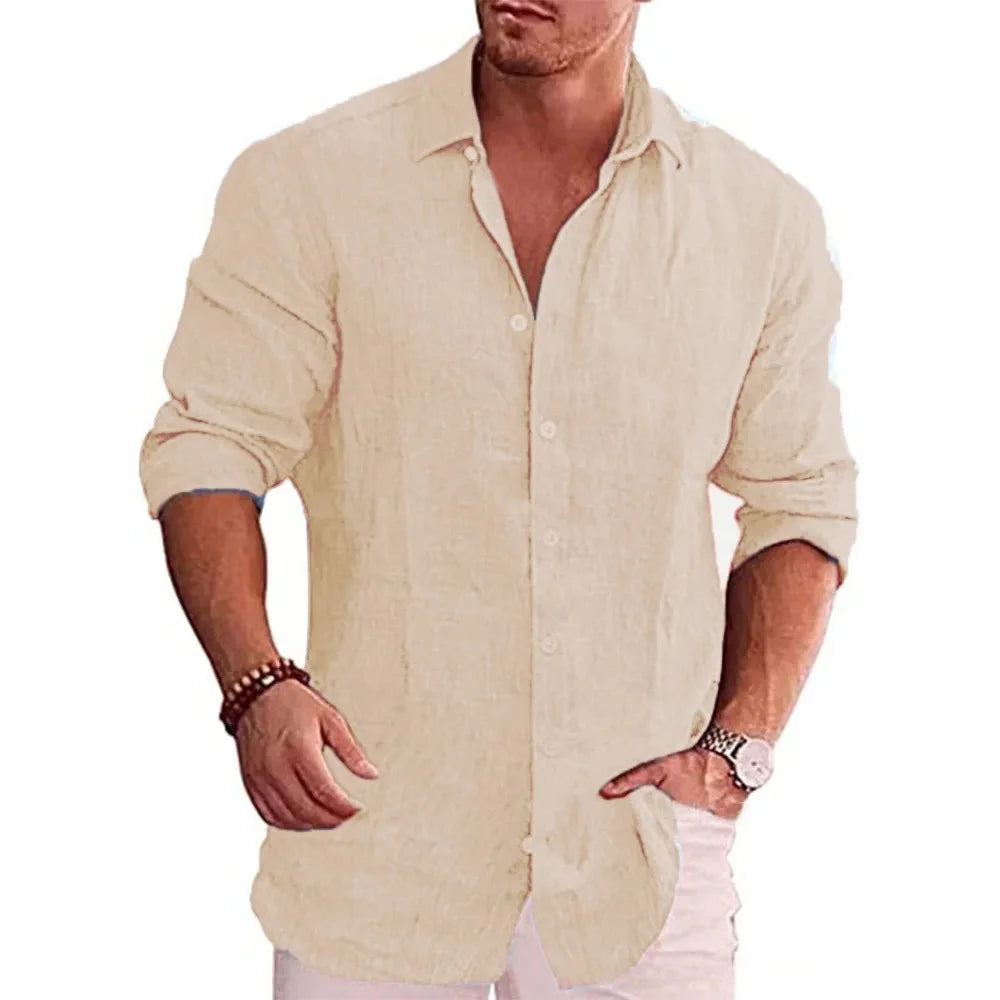 Men’s Cotton-Linen Casual Long Sleeve Shirt